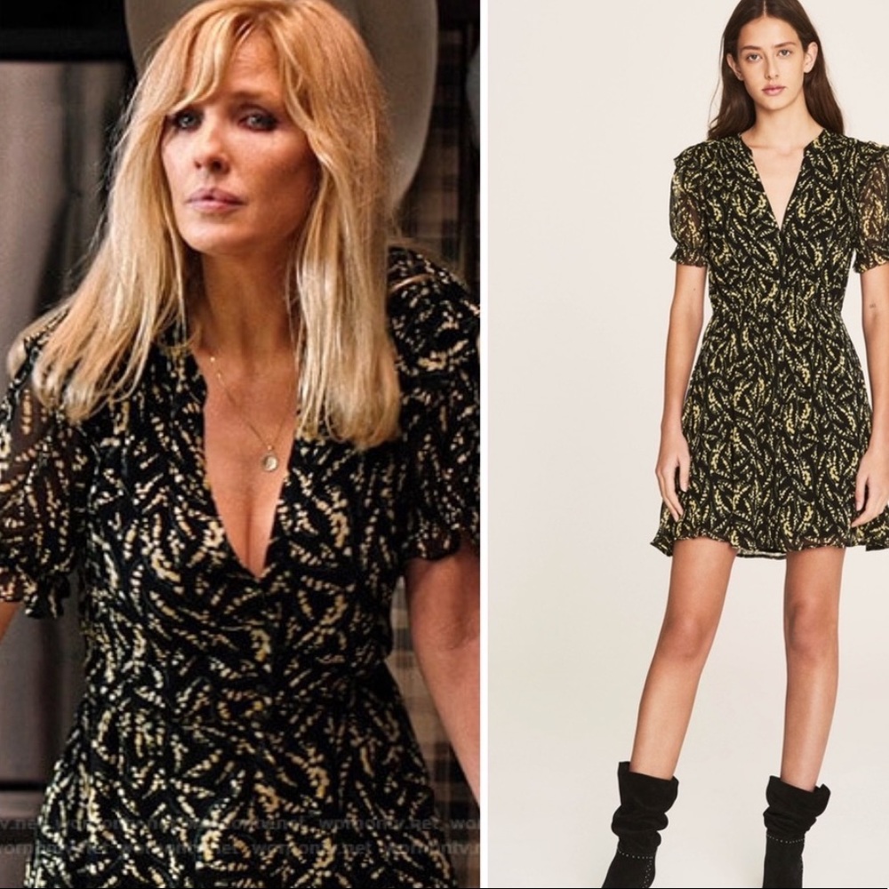 BA&SH Matcha Floral Mini Dress Noir Flowy Ruffles Elastic Waist BLK/Yellow SZ 4 - Picture 16 of 16